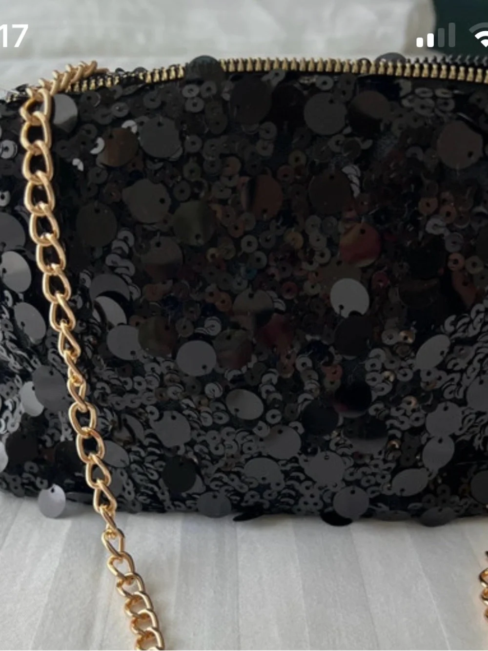 Black Sequin Crossbody Bag with Gold Chain Strap